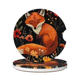 SimpleSteet Absorbent Ceramic Car Coasters for Cup Holders, Fox Flower Design 2.56" Anti Slip Universal Drink Cup Coasters for Women Men (2 Pack)