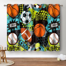 Jekeno Sports Soccer Basketball Blackout Curtains - Football Rugby Ball Decor for Kids Boys Teens Teenager Bedroom Home Living Room Darkening Grommet Window Drapes 2 Panel Set, 52"x84"