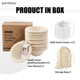 13cm/5inch Small Round Bread Proofing Basket Sourdough Banneton Bortform with Liners Set 12 For Professional and Homemade Bread Baking Supplies