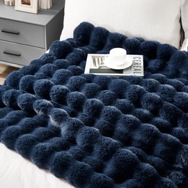JONIYEAR Soft Fuzzy Oversized Bubble Faux Rabbit Fur Throw Blanket 60" x 70", Reversible Solid Thick Warm Fluffy Blanket for Winter, Luxe Cozy Puffy Shaggy Furry Blankets for Bed, Twin Size, Navy Blue