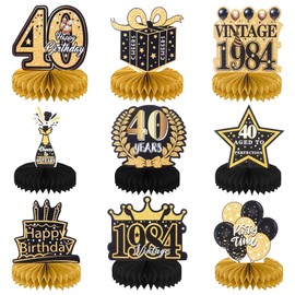 PHUSBLAY 9 Pcs 40th Birthday Decorations for Men Women, birthday party supplies, Honeycomb Centerpieces for Table Black and Gold Birthday Decorations