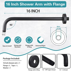 16 Inch Shower Arm with Flange,Stainless Steel 90 Degree Rain Shower Head Extension Arm,Wall-Mounted Shower Head Arm for Fixed Shower Head,Matte Black