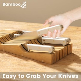 Bamboo In-Drawer Knife Block for 15 Knives(Not Included), Knife Drawer Organizer,Knife Holder Countertop,Block Knife Storage Organizer for Kitchen