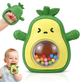 Avocado Baby Teething Toy with Rattle, BPA-Free Silicone Teething Mitten for Babies 3-6 6-12 Months, Anti-Drop Wrist Glove Teether for Teething Relief, Perfect Baby Gifts & Baby Toys