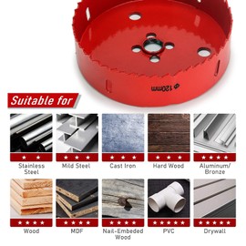 120 mm Bi-Metal Hole Saw with Arbor and Pilot Bit,HSS Bi-Metal & Heavy Duty Steel Design,Hole Cutter for Cutting Wood Metal,Stainless Steel,Cornhole Boards,Aluminum,Iron，DIY Projects