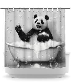KREATIVE ARTS Black and White Panda Shower Curtain Funny Animal Taking Shower Bathroom Curtain Cute Wild Animal on Raindrop Background Bath Curtain Fabric Bathroom Decor Set for Kids 72x72inch