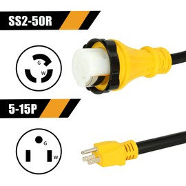 PLIS 30 Amp to 15 Amp 125 Volt RV Adapter Cord with Twist Locking,NEMA 5-15P Male to SS2-50R Female Electrical Power Adapter,Heavy Duty STW 10 Gauge,1.5FT