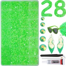 22000pcs Resin Rhinestones for Crafting, Jelly AB Light Green 2mm 3mm 4mm 5mm 6mm Flatback Round Beads, Non-Hotfix SS8 SS10 SS16 SS20 SS30 Gems with Glue for DIY Crafting, Nails Decoration