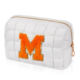 Initial Checkered Makeup Bag, Quilted Cosmetic Bag, Cute Make up Pouch for Purse, Travel Toiletry Storage Bag for Women Preppy Teen Girls Gift Trendy Stuff Gift (White M)