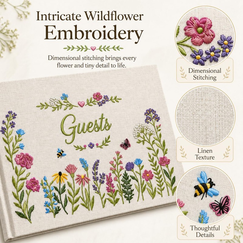 Embroidered Linen Wedding Guest Book, 160 Pages, Rustic Floral