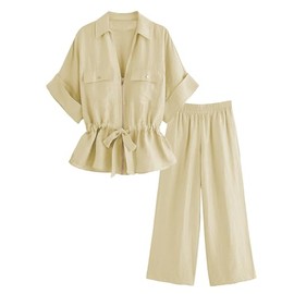 Mingzhu Women's 2 Piece Outfits Short Sleeve Zipper Drawstring Waist Safari Shirts & Elastic Waist Wide Leg Pants With Pockets(0984-Khaki-S)