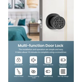 Smart Door Knob with Keypad, Electronic Keyless Entry Door Lock, 3s Auto Lock, Anti-Slip Handle, Anti-Peeping Password, Matte Black Door Knob