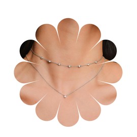 Yheakne Boho Layered Crystal Necklace Silver Rhinestone Pendant Necklace Sparkle CZ Chain Necklace Wedding Solitaire Necklace Chain Jewellery for Women and Girls (Silver)