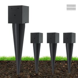 4 Pcs 4 "x 4 "Fence Post Anchors Ground Spike (Actual 3.6 ” X 3.6”)，Heavy Duty Metal Fence Stakes Post Base 16'' with Black Powder Coated Support for Mailboxes, Fences, Trellis Posts, Banners.