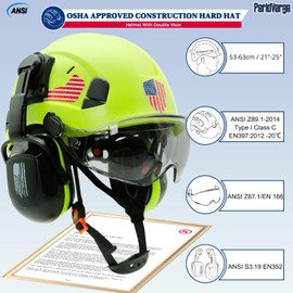 Construction Hard Hat with Visor and Hearing Protection-Green Safety Hardhat OSHA Approved with Face Shield and Visor and Ear Protection,Chainsaw/Forestry/Arborist Helmet with Chin Straps