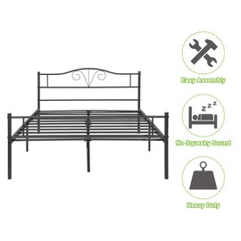 Geniqua Heavy Duty Metal Queen Size Bed Frame Steel Mattress Foundation Black Coated Retro Headboard Single Bed, No Box Spring Needed Storage Needed