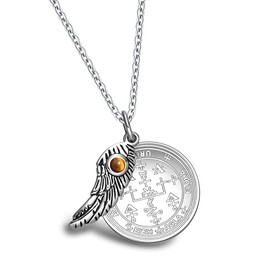 Archangel Uriel Sigil from The Ancient Book of King Solomon - St Uriel Necklace - Guidance Prayer Included - Angel Wing Pendant - Miraculous Medal - Guardian Crystal Amulet - Tiger Eye Gemstone