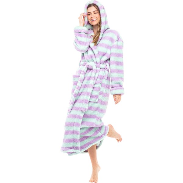 Alexander Del Rossa Women’s Robe, Plush Fleece Hooded Bathrobe with Two Large Front Pockets and Tie Closure, Purple and Green Striped, Small-Medium