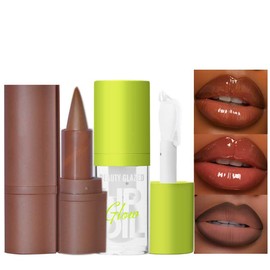 2Pcs Lip Oil and Lip Liner Set, Gradient Brown Lip Liner and Lipstick Lip Combo Set, Smooth Glossy Finish Lip Glow Oil for Black Women (2, Coffee Bean Set)