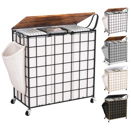 DXIGUSO Laundry Basket with Wheels, Heavy Duty Laundry Sorter 3 Sections, 140L (37Gal.) Large Capacity Laundry Hamper with Wood Lid, 360 Rolling Wheels, Extra Side Pocket, Leather Pull Handle (Beige)