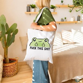 khanoqq Double Side Printed Cute Cartoon Frog Tote Bag with Inner Pocket, Thick Canvas Reusable Shopping Grocery Tote Bag,Smile Frog Shoulder Bag for Woman Man Girl Daughter Son