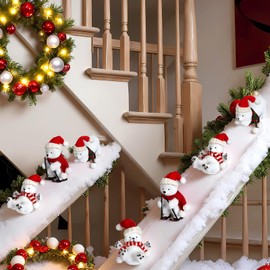 Polar Bear Christmas Staircase Decorations Set Banister Christmas Decoration with 6 Pcs Skiing Polar Bears Artificial Snow Blanket LED Lamp Xmas Hat Scarf for Home Xmas Stairs Decor