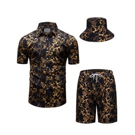 fohemr Outfit Men's Baroque 2-Piece Golden Chain Pattern Shirt Shorts with Bucket Hat Leisure Suit Summer Holiday Beach Set