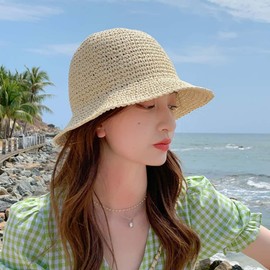 Women's Summer Straw Panama Hat Wide Brim Foldable Beach Sun Hat Breathable Sun Cap (US, Alpha, Medium, X-Large, 米色)