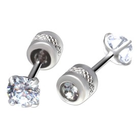 (Kyoto Thanks You) Hypoallergenic Surgical Stainless Steel Earrings, Screw Type, Jewel Catch Earrings, For Both Ears, Stainless Steel, Cubic Zirconia