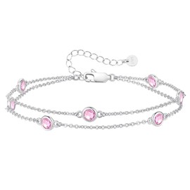 LOUISA SECRET Women's Bracelet Layered with Birthstone Pendants Double Chain for Women Girls 925 Sterling Silver Bracelets Birthday Anniversary Christmas Gift for Her Women Girlfriend Mother, Sterling