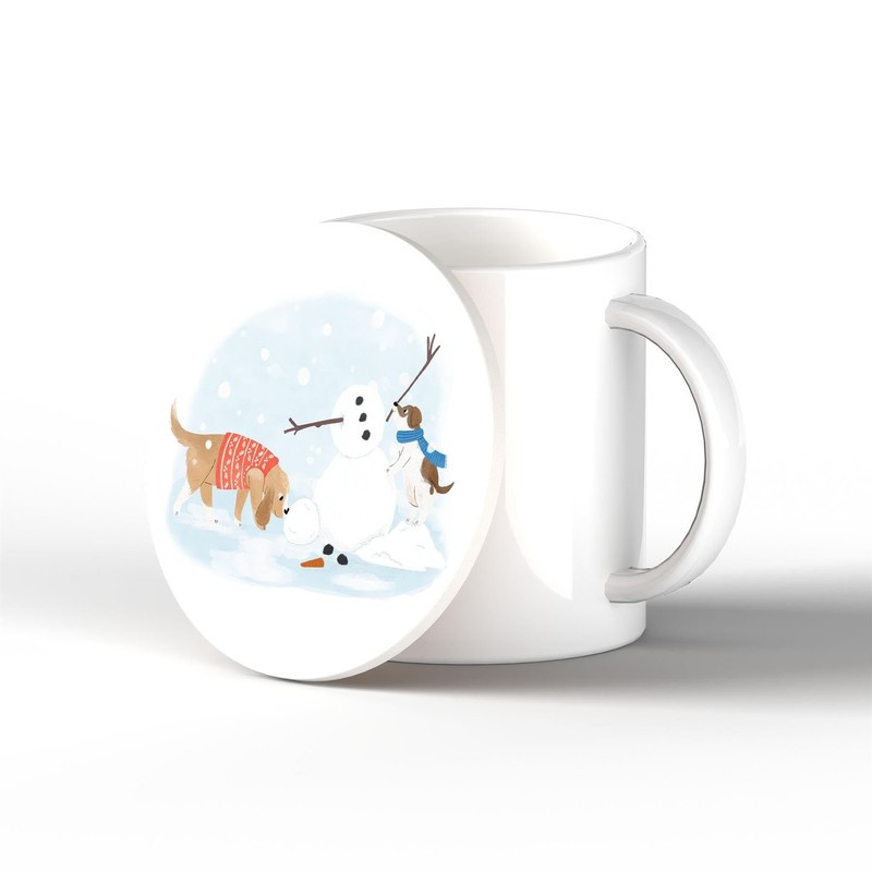 Global Designs BUILDING A SNOWMAN DOG THEMED CERAMIC CIRCLE COASTER