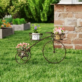 DREAMADE 3-tier Bicycle Planter, Vintage Tricycle Plant Display Cart w/ Openwork Baskets & Fixed Wheels, European-Inspired Metal Decorative Plant Stand for Gardens, Patios, Balconies (Bronze)