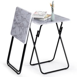 FurnitureR Folding TV Tray Tables, Foldable Side Table Dinner Trays, Marble Print Finish Snack Tables for Bed Couch Sofa, Stable Metal Frame, Space Saving, Set of 2, Marble White