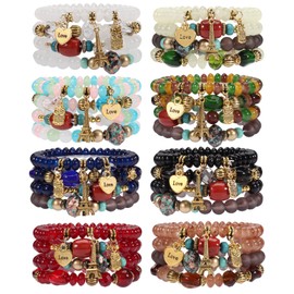 WuCuifu 8 paquetes de pulseras bohemias apilables para mujer, pulseras de cuentas estiradas de varias capas