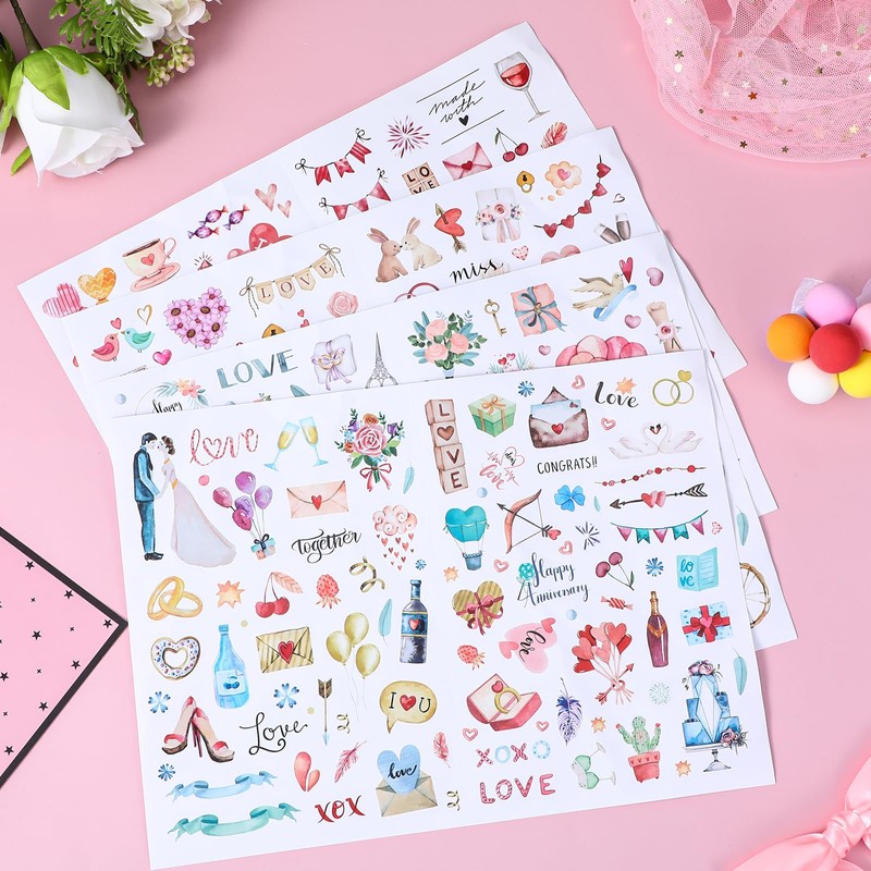 4 Sheets 230 Illustrations Wedding Scrapbook Stickers, Transparent Waterproof Stickers