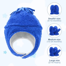 PONCEAU Baby Boys Girls Sherpa Fleece Lined Winter hat Gloves Mitten Set Infant Toddler Tropper hat Aviator hat Royal Blue/Mitten Set 3-12 Months