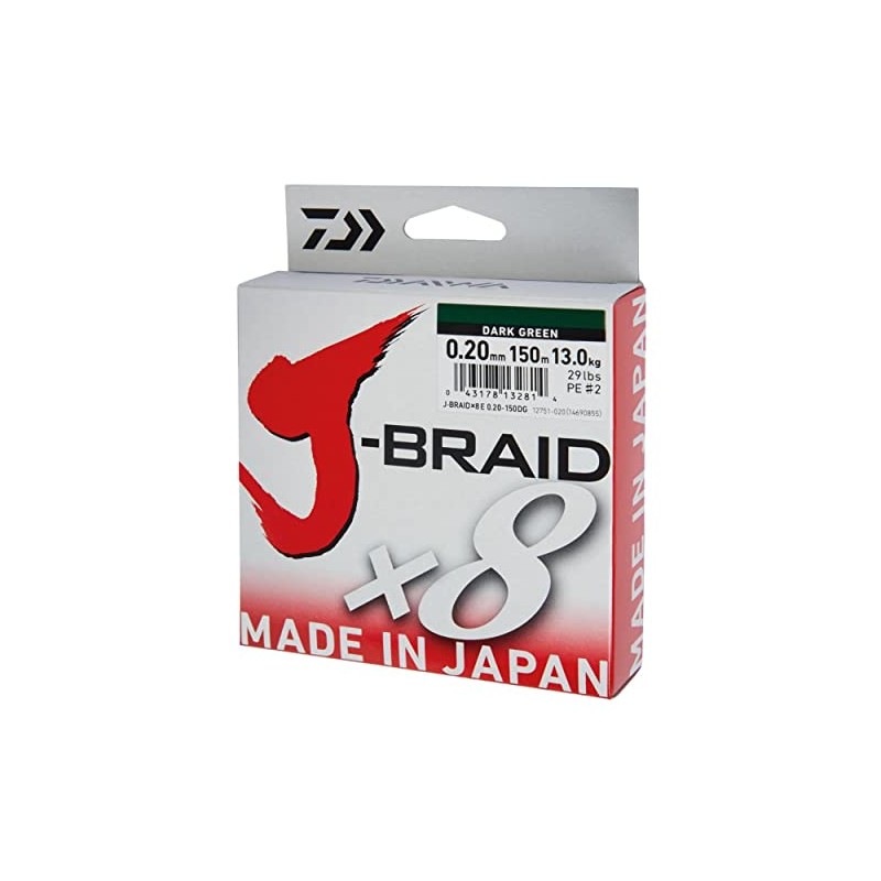 Daiwa J-Braid 8 Braid 0.13mm, 8,0kg/18lbs, 150m dark green