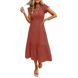 Coloody Women's 2025 Summer Casual Midi Dress Boho Flutter Sleeve Crew Neck Smocked Elastic Waist Tiered A-Line Beach Dress(Orange, XL)