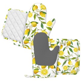 HEROARMOUR Lemon Fruits White Flower Oven Mitts Pot Holders Set Silicone Kitchen Gloves Lemon Potholders Non-Slip Heat Resistant for Chef Baking Cooking Grilling BBQ 4 pcs Kitchen Mitts