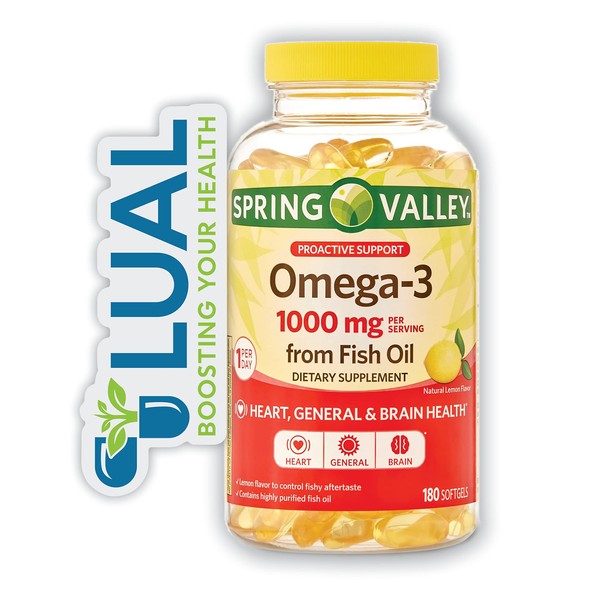 Essential Omega-3 Support for Heart, General, and Brain Health. Includes Luall Sticker + Omega-3 Spring Valley 1000mg Fish Oil 180 Soft Gels