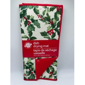 Christmas Dish Drying Mat with Holly and Berries on Front and Solid Red on Back - 12" x 18"