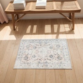 PURE ROMIE 2'x3' Vintage Floral Rug - Persian Inspired Low-Pile Faux Wool Area Rug, Non-Slip Washable Small Rug for Bedroom, Nursery, Dorm, Soft Pink Boho Chic Decor