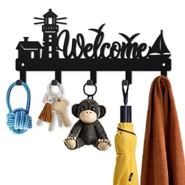 MAYJOYDIY Black Lighthouse Metal Key Hooks 12x25cm Welcome Wall Mounted Hook Hangers House Boat Seagulls Metal Key Holder for Wall with 5 Hooks for Key Bag Clothes Scarf Pendant