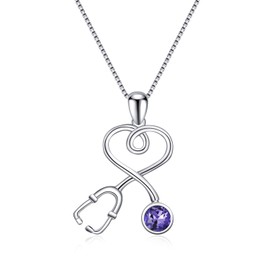 AOBOCO Sterling Silver Stethoscope Necklace Doctor Nurse Gifts, Simulated Amethyst Birthstone Crystal from Austria, RN Gifts for Nurse Female, Medical Jewelry Graduation Gifts for Women(Purple)