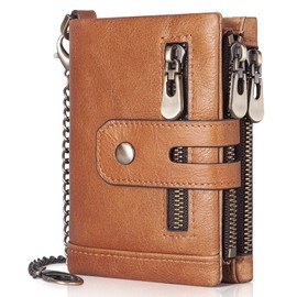 Mens Wallet with Chain Genuine Leather Purse RFID Blocking Bifold Double Zipper Coin Pocket with Multi Card Holder, Brown