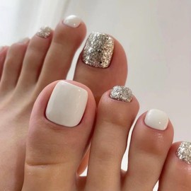 MISUD White Press on Toenails Glossy Fake Toe Nails Glue on Nails Bling Silver Glitter Acrylic Toe Fake Nails Supplies Summer False Toenails Art with Design Full Cover Press-on Toe Nails DIY 24pcs
