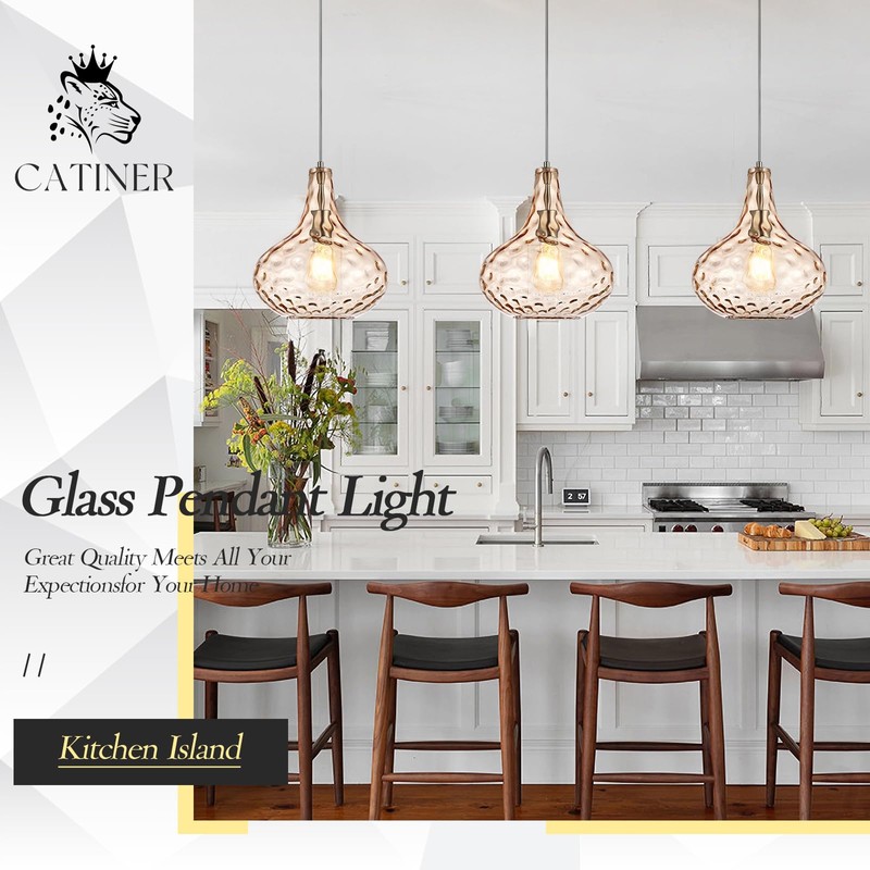 CATINER 11" Amber Hammered Glass Pendant Light, Blown Glass Hanging