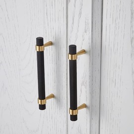 BWRMHME Set of 2 Solid Brass Cabinet Pulls 6.3 Inch (5 Inch Hole Centers) Gold Black Knurled Textured Cabinet Handles Brass Pulls for Dresser Door Drawer Hardware (2, Black Gold)