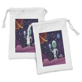 Ambesonne Alien Fabric Pouch Set of 2, Cosmic Space Background with Funny Character Outer World Elements, Small Drawstring Bag for Toiletries Masks and Favors, 9" x 6", Dark Purple Multicolor