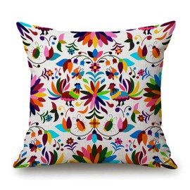 Solekla Mexican Otomi FlowerThrow Pillow Cover Boho Colorful Bird Bright Decorative Pillow Case Cotton Linen Cushion Cover Decor 18x18 Inch Pillowcase for Home